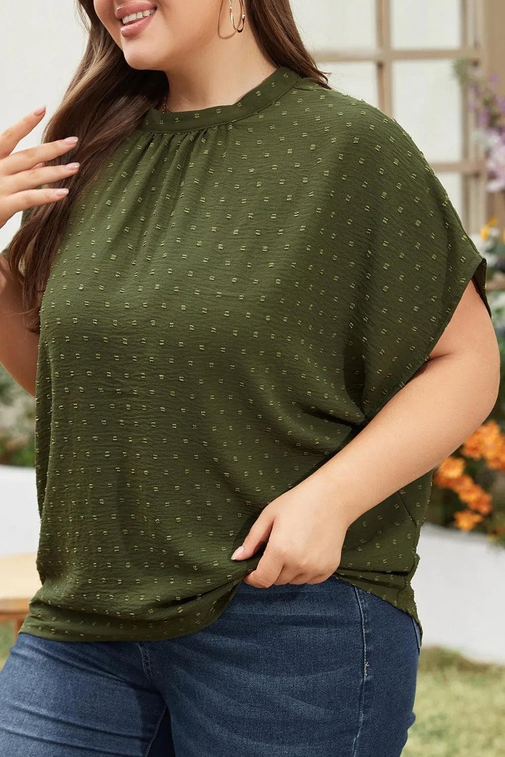 Plus Size/Plus Size Tops/Plus Size Blouses & Shirts Moss Green Plus Size Swiss Dot Mock Neck Tied Nape Top