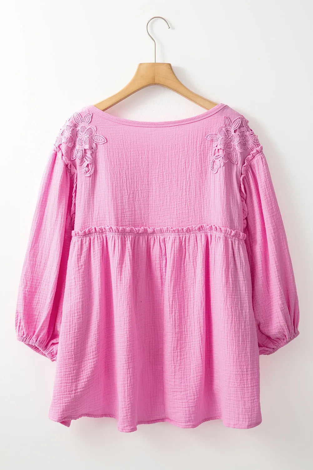 Pink Lace Accent Bracelet Sleeve Babydoll Blouse - Chic Meadow Boutique 