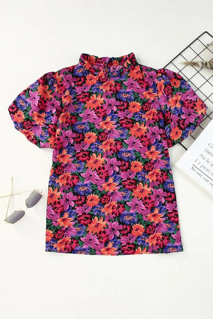 Tops/Blouses & Shirts Multicolor Floral Print Round Neck Puff Sleeve Blouse