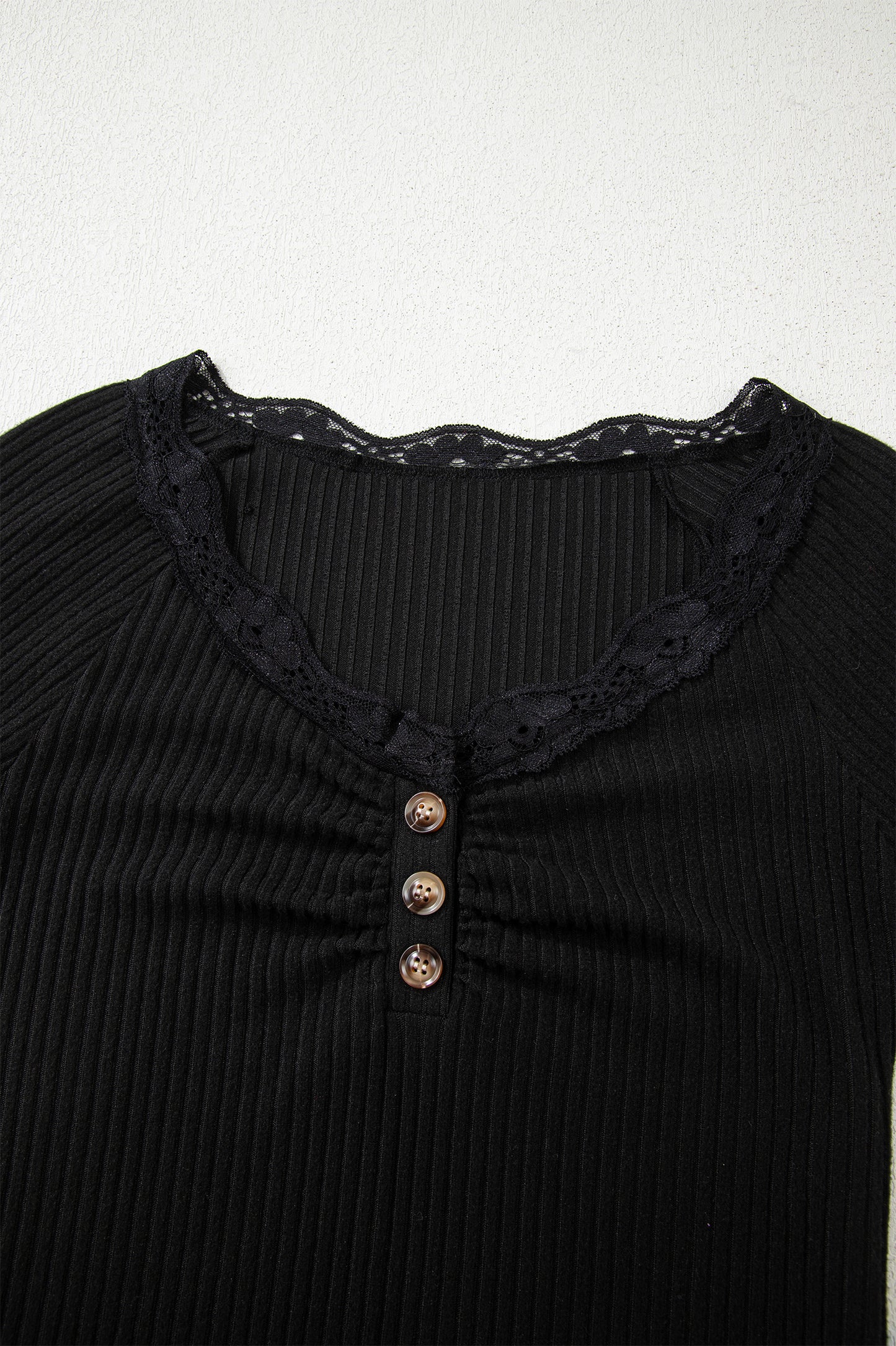 Black Lace Neckline Button Decor Lettuce Edge Long Sleeve Ribbed Top