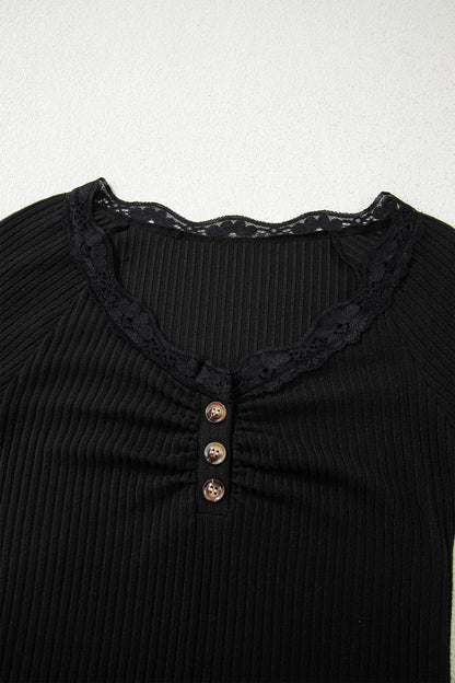 Black Lace Neckline Button Decor Lettuce Edge Long Sleeve Ribbed Top