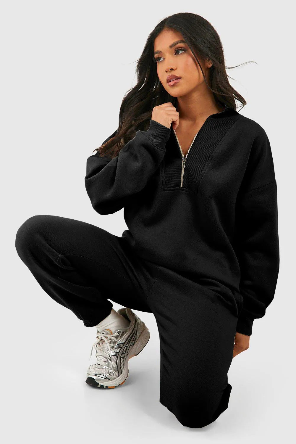 Black Plain Half Zip V Neck Ribbed Edge Loose Tracksuit - Chic Meadow Boutique 