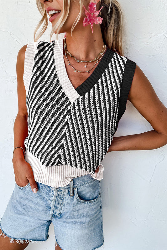 Black Contrast Chevron Knit V Neck Sweater Vest