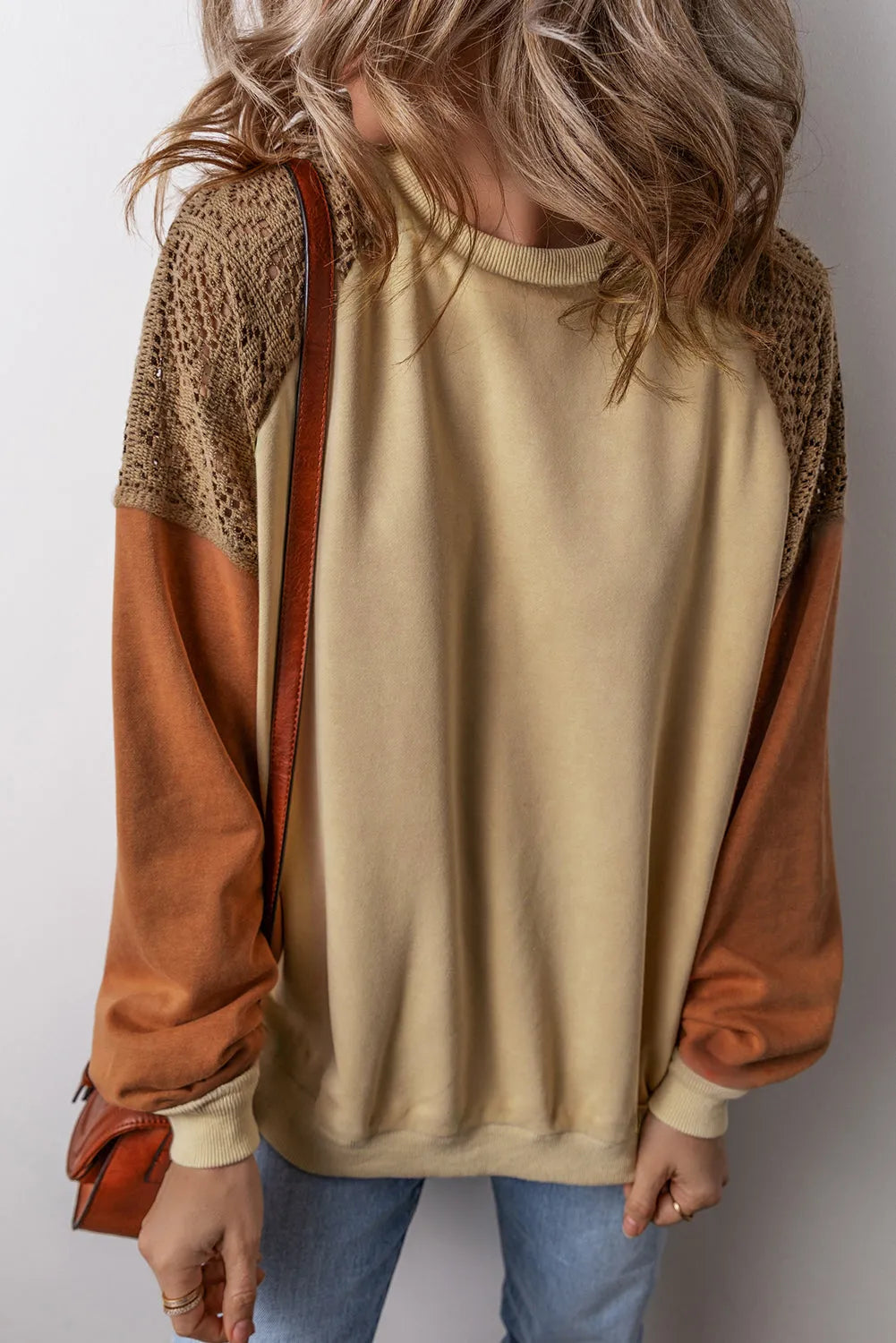 Khaki Lace Patchwork Colorblock Drop Shoulder Sweatshirt - Chic Meadow Boutique 