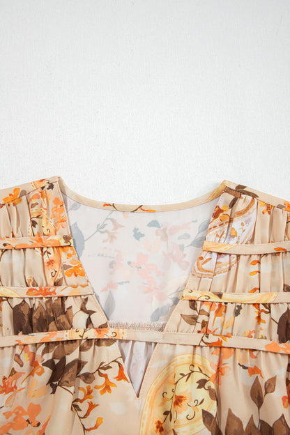 Khaki Paisley Print Decorative Binding Tape V Neck Shift Blouse