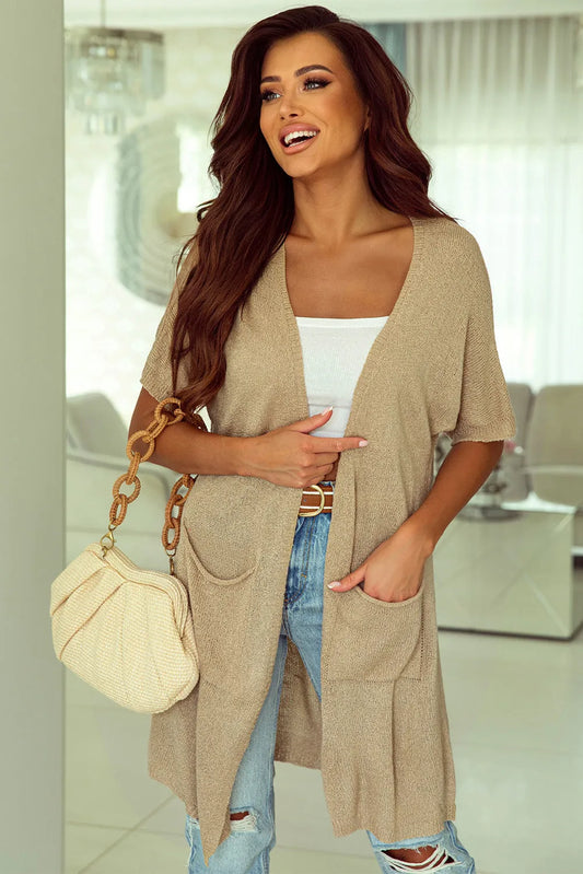 Khaki Dolman Half Sleeve Pocketed Long Cardigan - Chic Meadow Boutique 