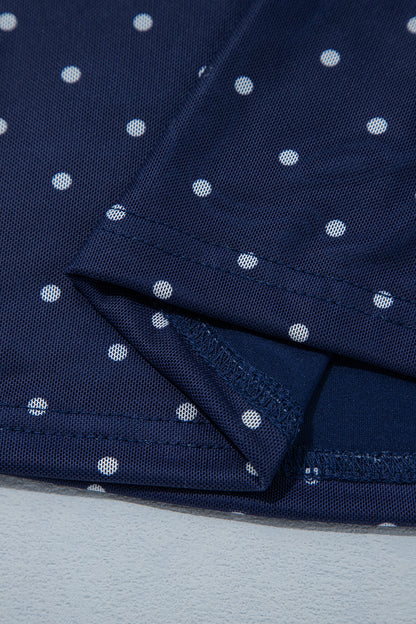 Blue Off Shoulder Polka Dot Mesh Long Sleeve Sheath Top