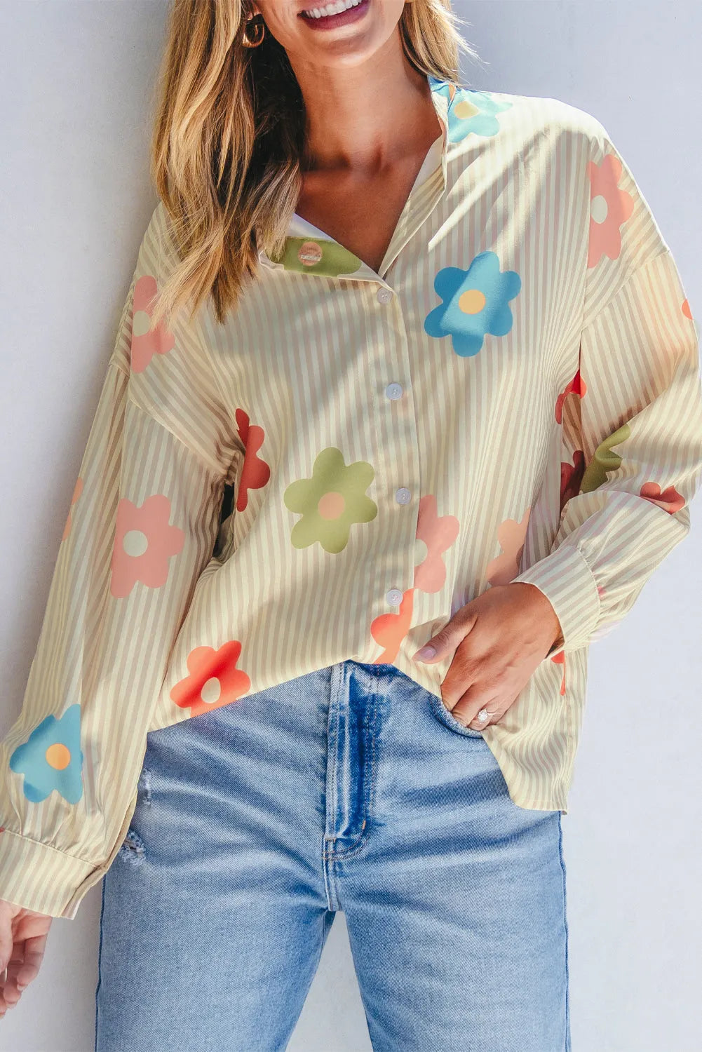 Apricot Stripe Flower Print Collared Button-up Loose Fit Shirt - Chic Meadow Boutique 