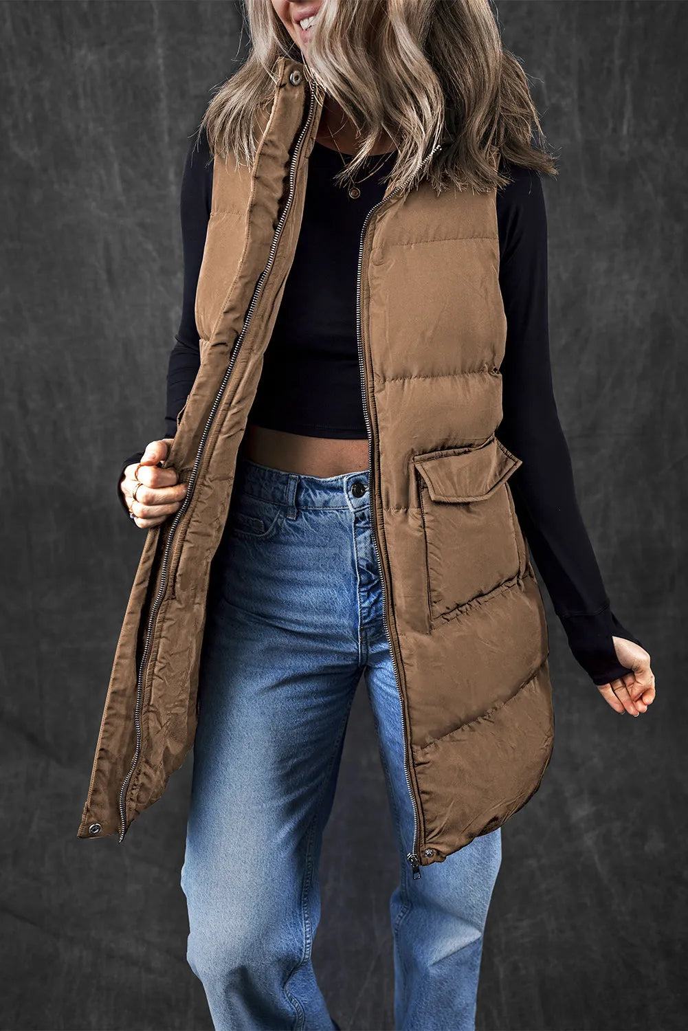 Coffee Windproof Longline Full Zipper Puffer Vest with Pockets - Chic Meadow Boutique 