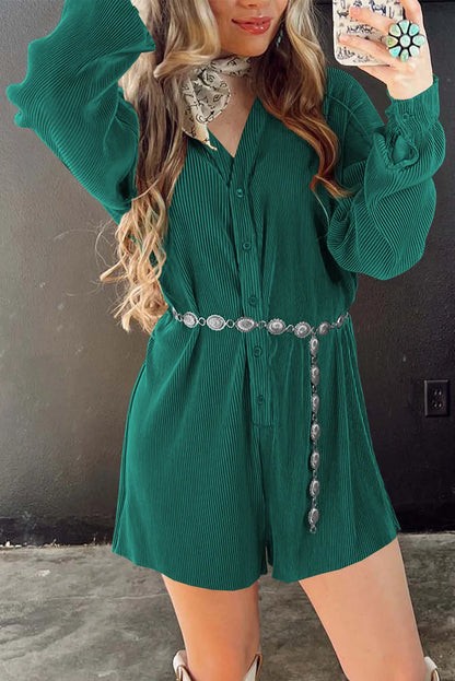 Sea Green Ribbed Long Sleeve Button Front Romper - Chic Meadow Boutique 