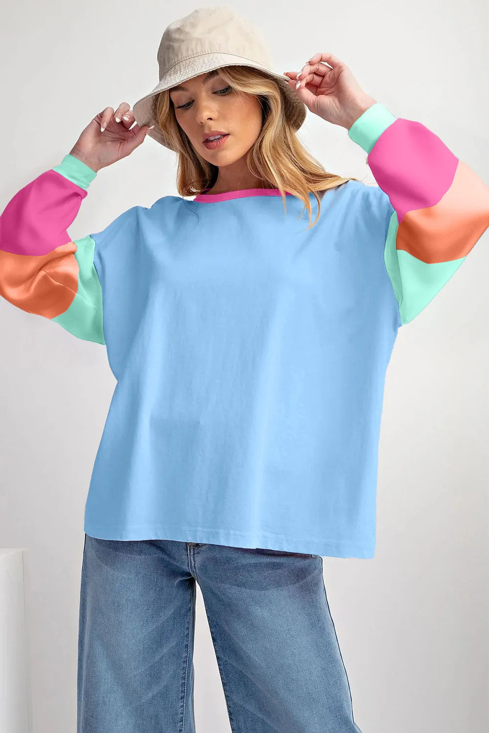 Dark Blue Colorblock Patchwork Long Sleeve Loose Top - Chic Meadow Boutique 