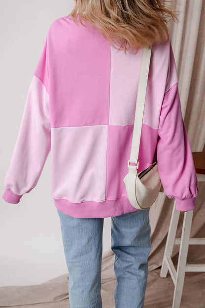 Pink Colorblock Henley High Low Oversize Sweatshirt - Chic Meadow Boutique 