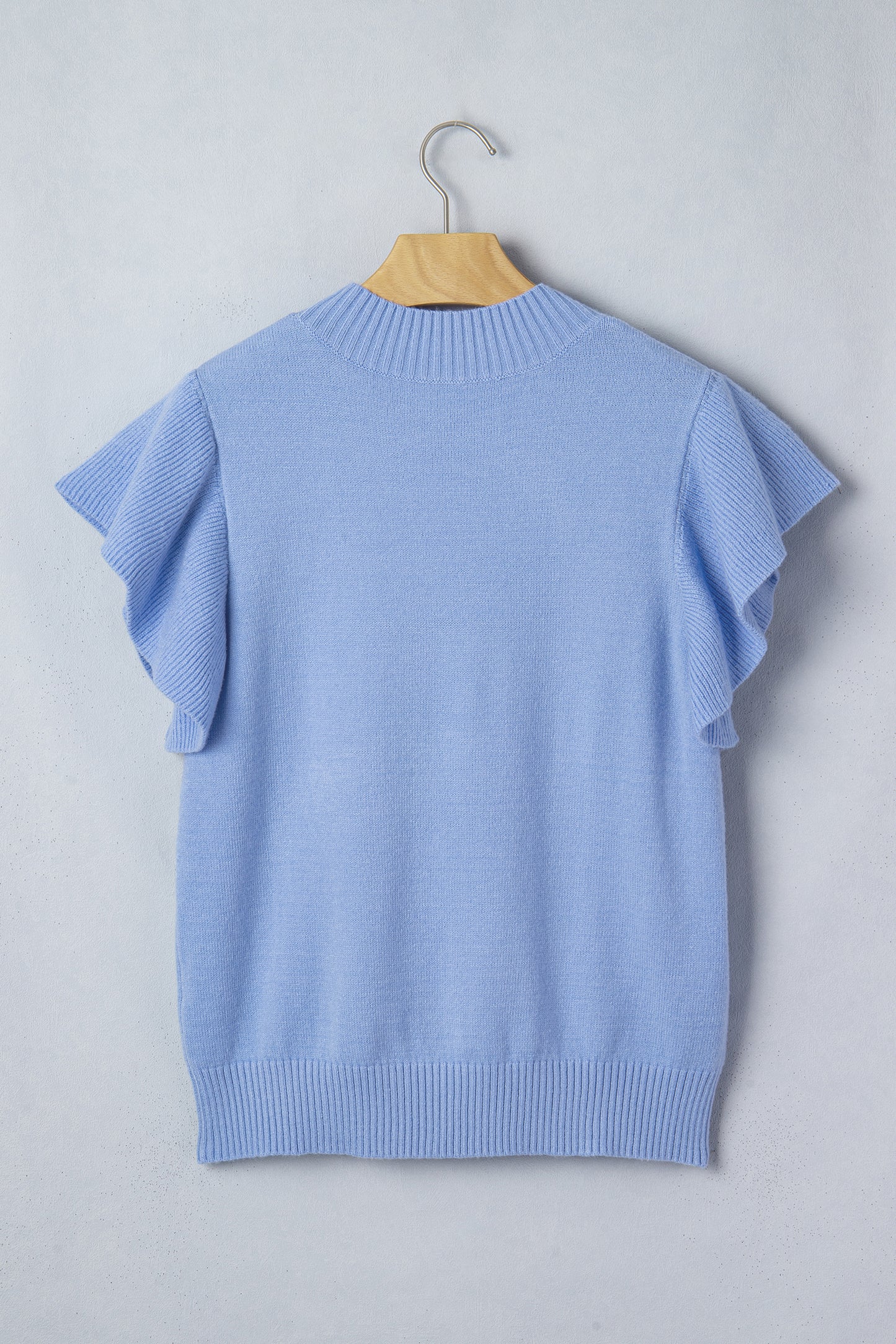 Beau Blue Solid Color Ribbed Trim Round Neck Ruffle Short Sleeve Sweater