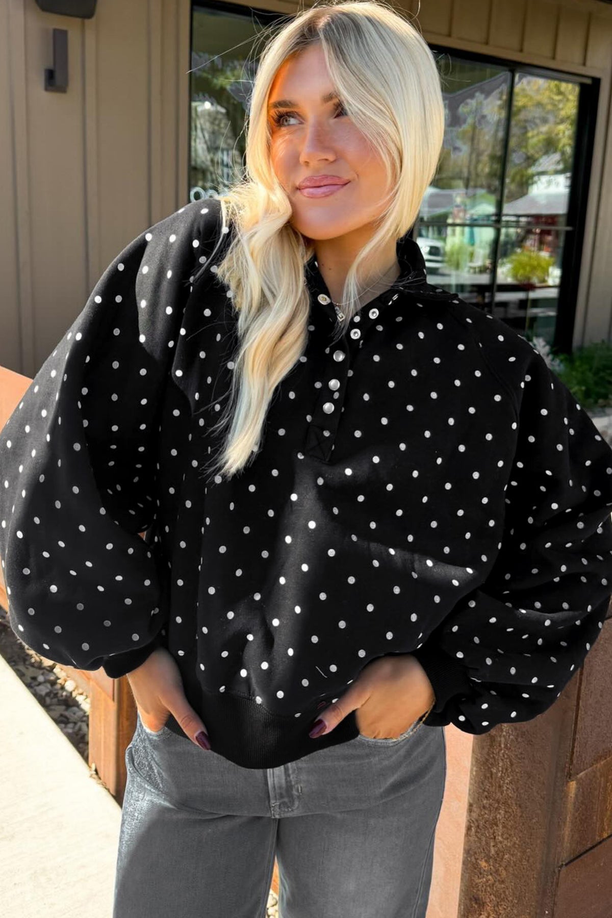 Black Polka Dot Print Metal Button Collar Casual Pullover Sweatshirt