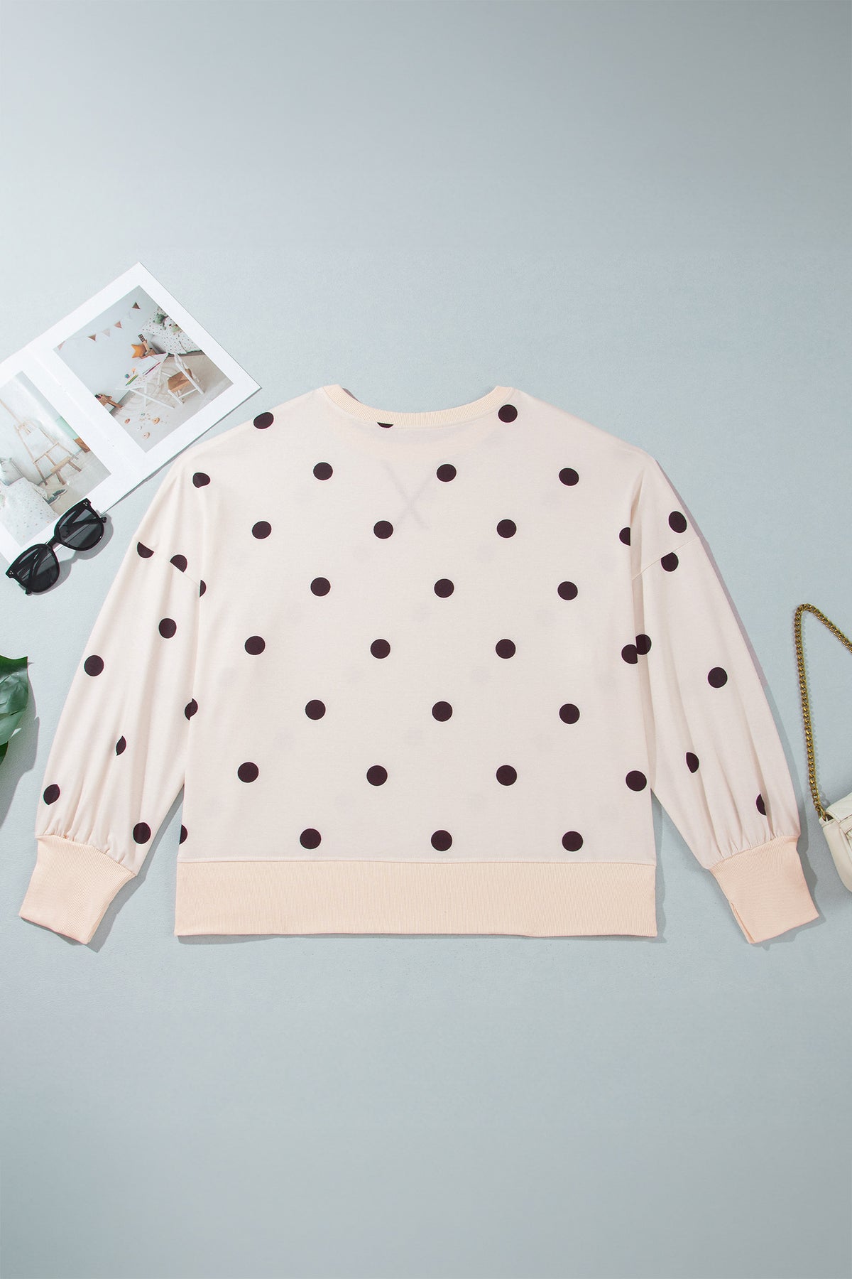 Beige Round Neck Long Sleeve Polka Dot Plus Size Top