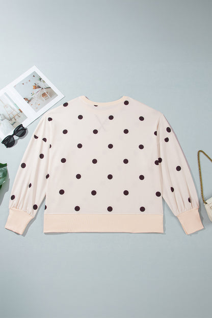 Beige Round Neck Long Sleeve Polka Dot Plus Size Top