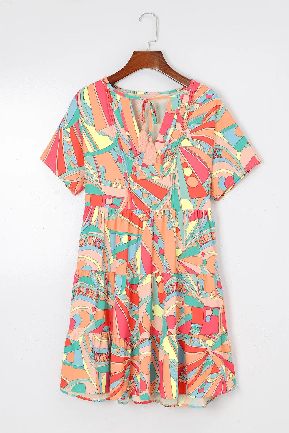 Multicolor Abstract Geometric Print Tassel Tie Flared Dress - Chic Meadow Boutique 