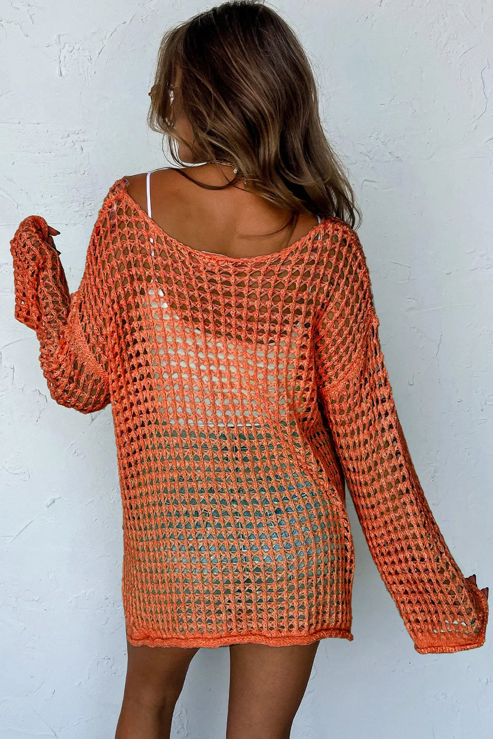 Orange Open Knit Crochet Bell Sleeve Tunic Sweater - Chic Meadow Boutique 