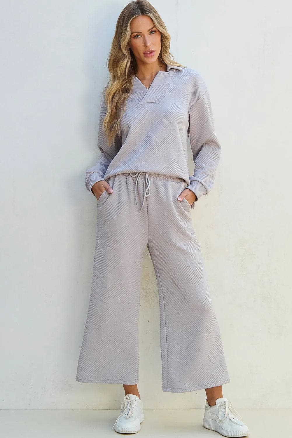 Two Piece Sets/Pant Sets Light Grey / S / 95%Polyester+5%Elastane Light Grey Solid Textured Collared V Neck Top and Wide Leg Pants Set