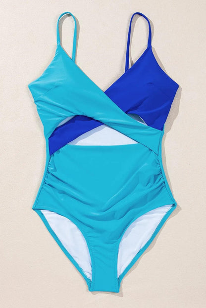 Light Blue Crossover Colorblock Cutout One Piece Swimsuit - Chic Meadow Boutique 