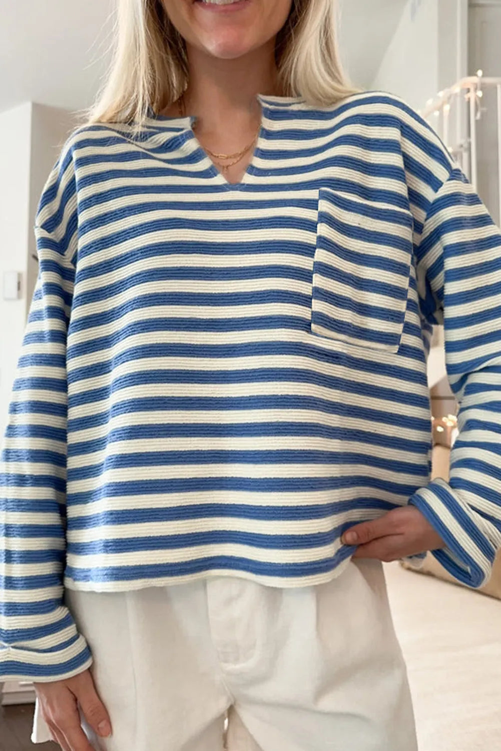 Sky Blue Stripe Chest Pocket Buttoned Back Notched V Neck Top - Chic Meadow Boutique 