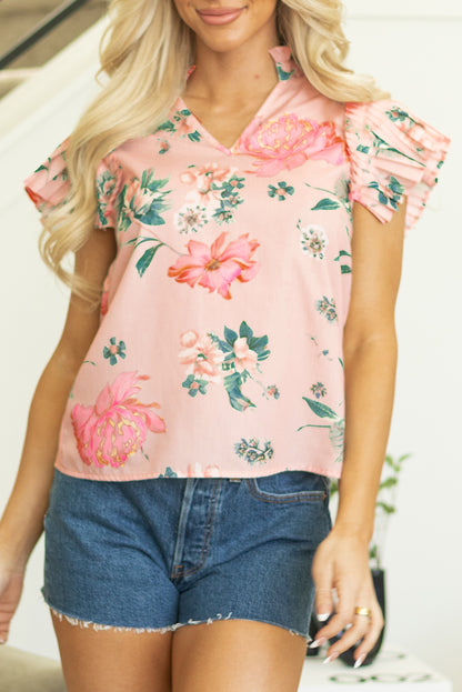 Pink Floral Print Frilled V Neck Pleated Sleeve Blouse