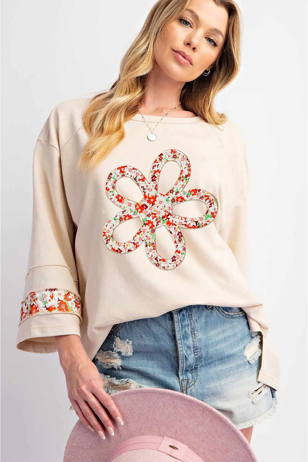 Beige Flower Patch Graphic Exposed Seam Wide Sleeve Top - Chic Meadow Boutique 