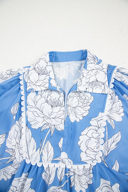 Sky Blue Floral Ricrac Trim Collared Puff Sleeve Loose Blouse