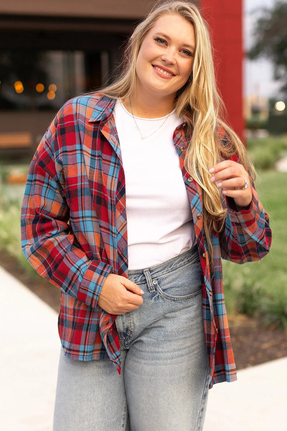 Red Plus Size Plaid Print Buttoned Shirt - Chic Meadow Boutique 