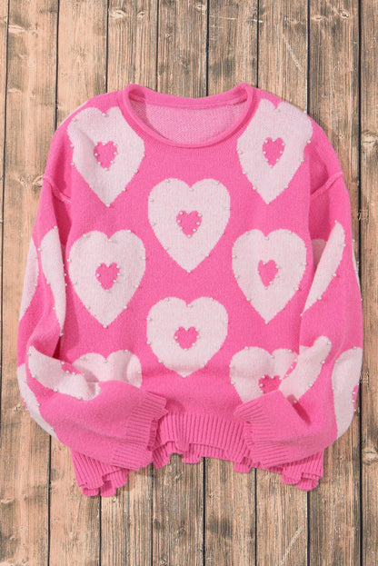 Bonbon Pearl Beaded Heart Drop Shoulder Sweater - Chic Meadow Boutique 