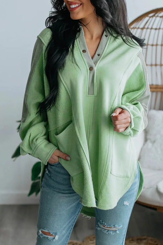 Green Color Block Exposed Seam Buttoned Neckline Hoodie - Chic Meadow Boutique 