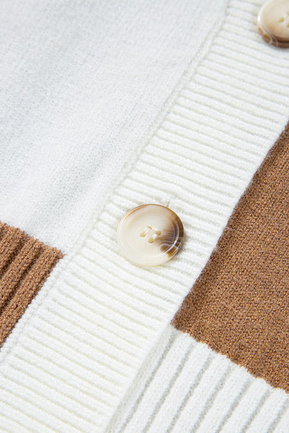 Khaki Checkered Pattern Ribbed Detail Button V Neck Sweater Cardigan