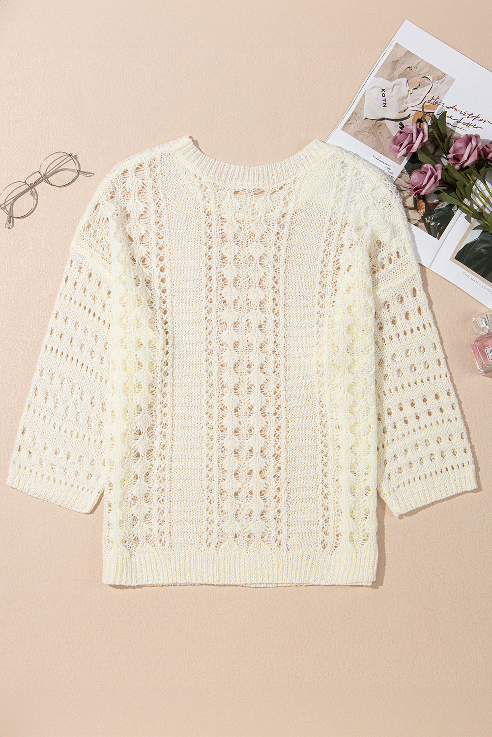 White Hollow Out Knit Bracelet Sleeve Drop Shoulder Sweater