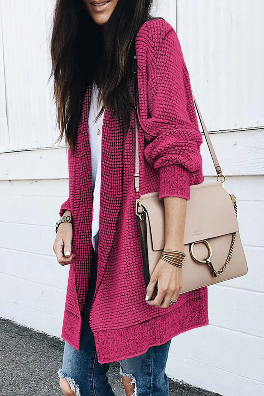 Rose Plaid Knitted Long Open Front Cardigan - Chic Meadow Boutique 