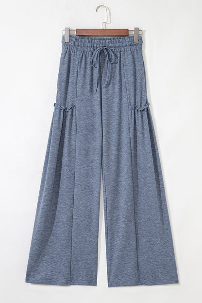 High Frilled Detail Wide Leg High Waist Knit Pants