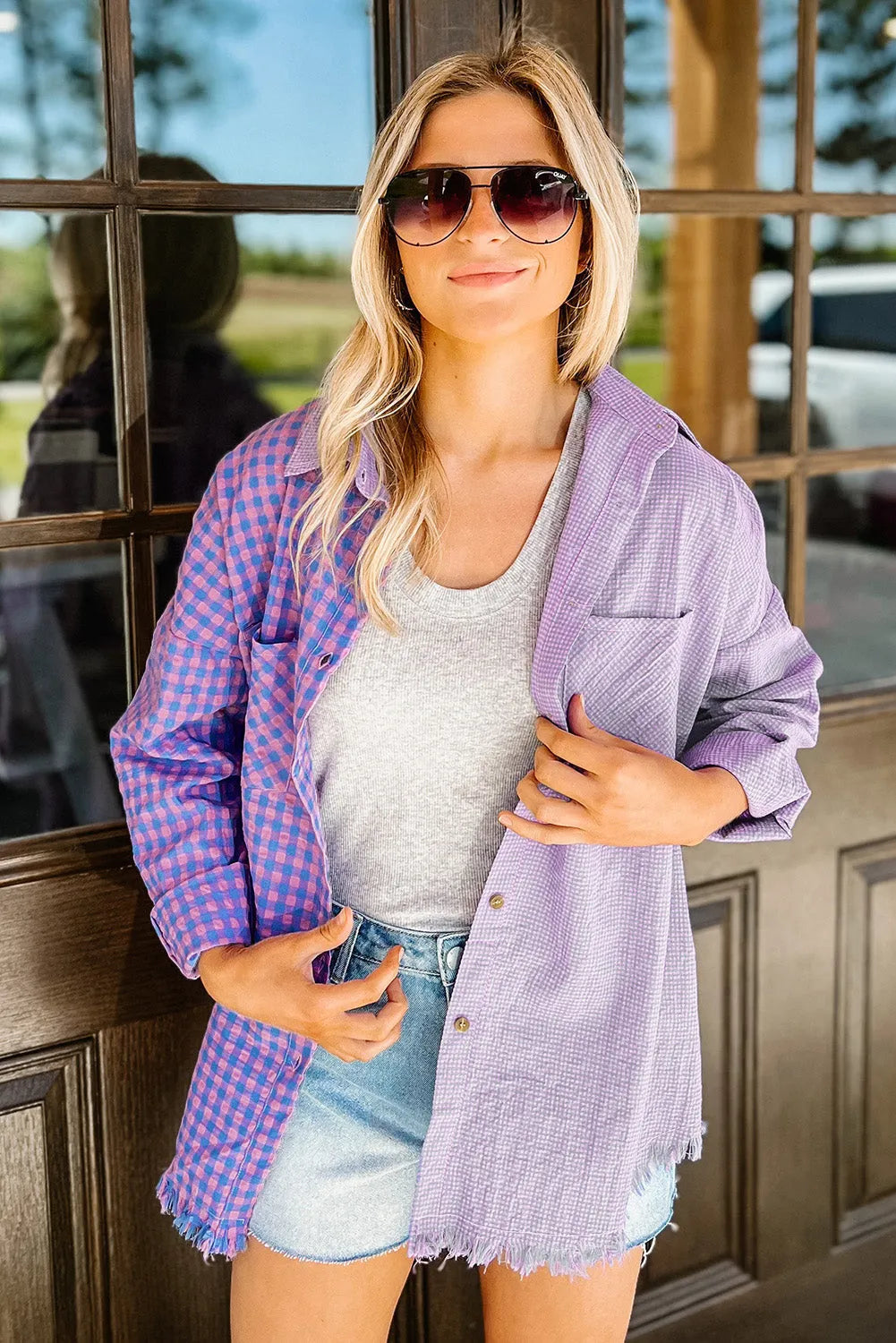 Purple Mixed Plaid Button Down Long Sleeve Chest Pocket Shirt - Chic Meadow Boutique 