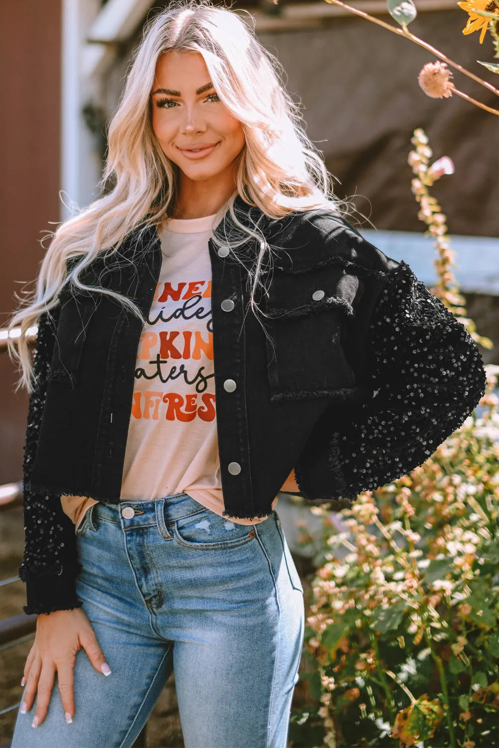 Black Sequin Sleeve Pocketed Raw Hem Denim Jacket - Chic Meadow Boutique 