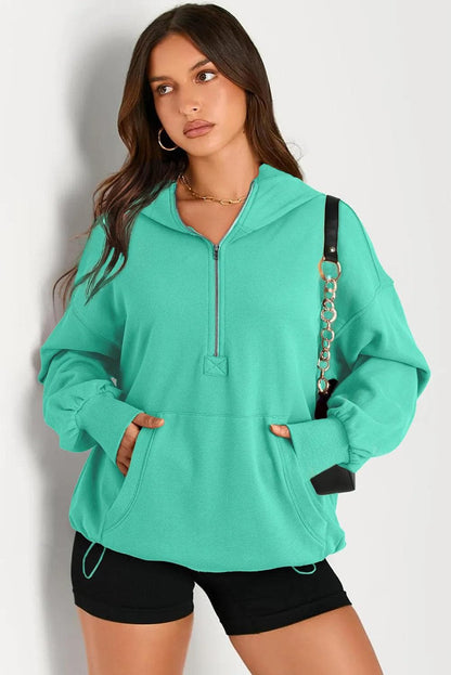 Tops/Sweatshirts & Hoodies Aruba Blue Solid Kangaroo Pocket Half Zipper Oversized Hoodie