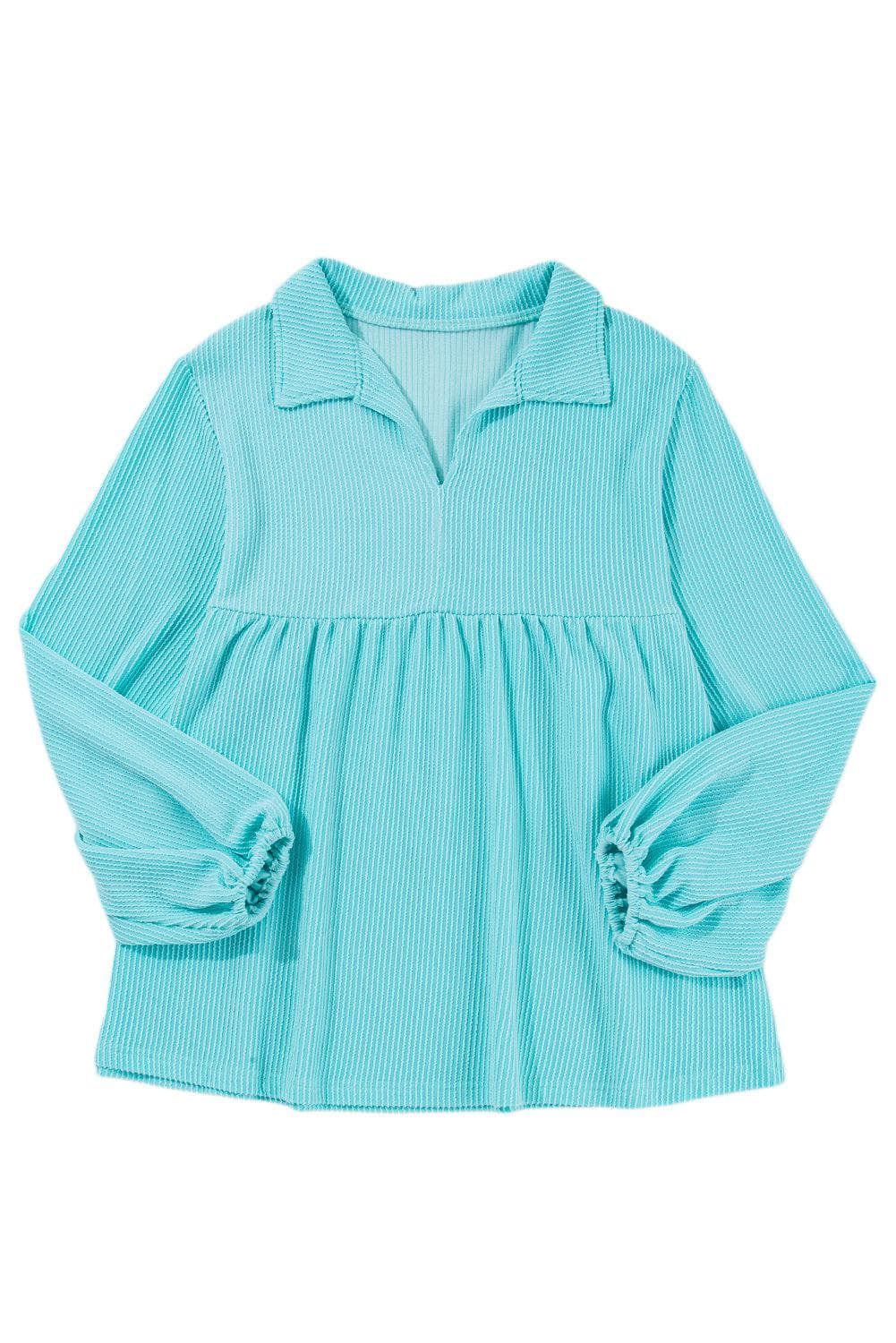 Plus Size/Plus Size Tops/Plus Size Long Sleeve Tops Turquoise Cordrd Balloon Sleeve Collar Plus Babydoll Top