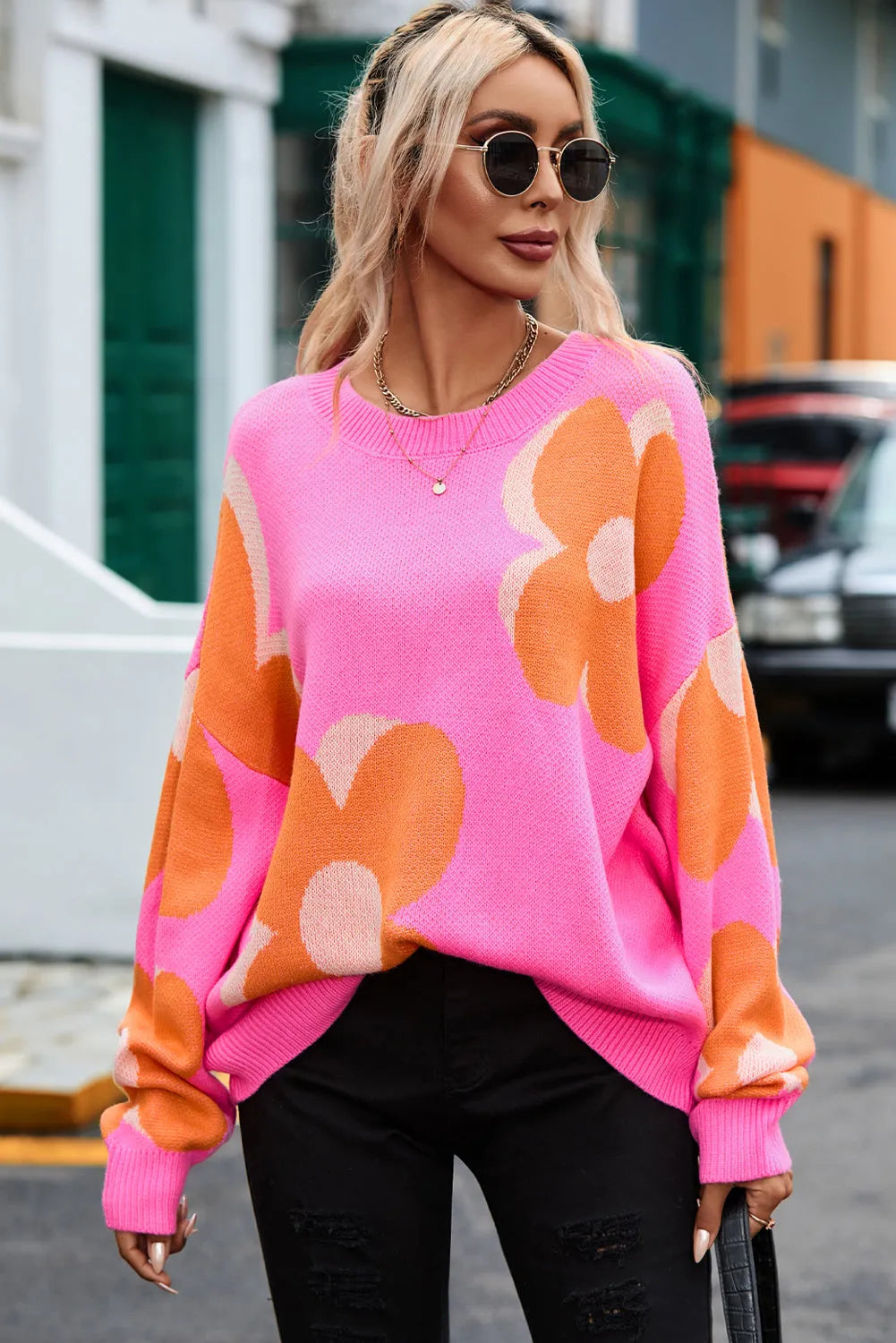 Flower Pattern Slouchy Sweater - Chic Meadow Boutique 