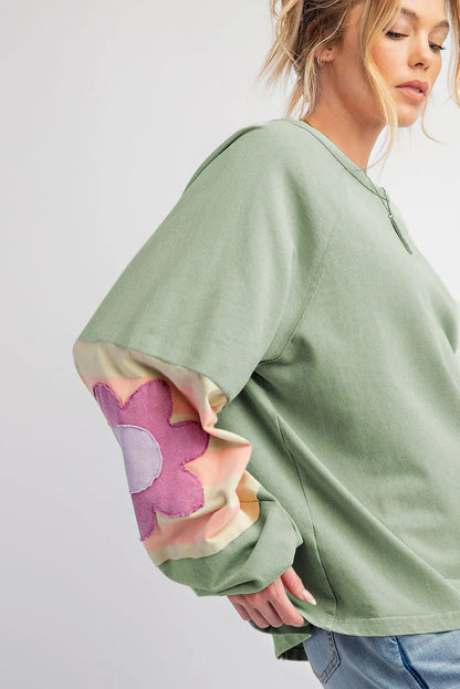 Smoke Green Flower Patchwork Raglan Sleeve Exposed Seam Oversized Top - Chic Meadow Boutique 