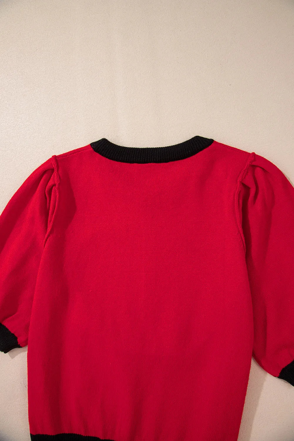 Red Sequin Rugby Color Block Puff Short Sleeve Sweater - Chic Meadow Boutique 