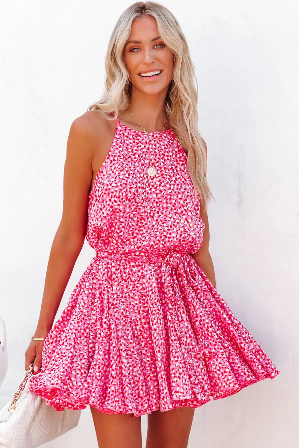 Pink Leopard Print Sleeveless Mini Dress with Waist Tie - Chic Meadow Boutique 