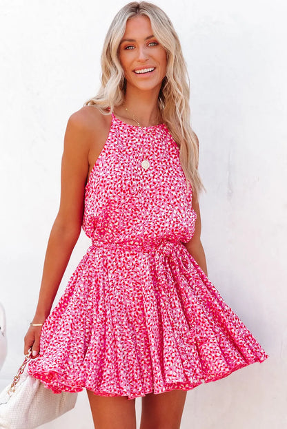 Pink Leopard Print Sleeveless Mini Dress with Waist Tie - Chic Meadow Boutique 