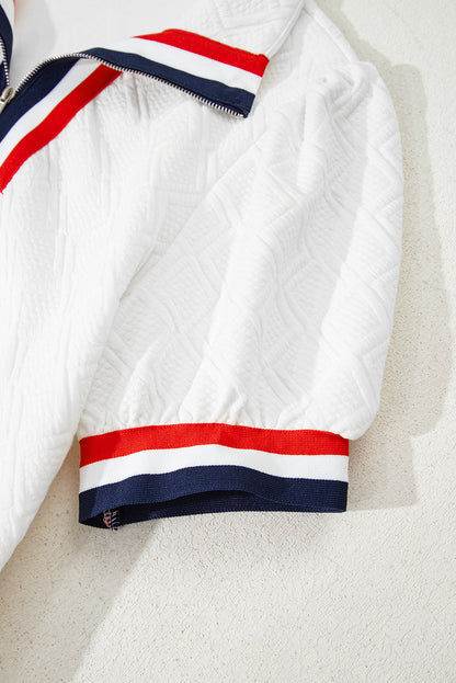 White Textured Jacquard Colorblock Edge Puff Sleeve Quarter Zip Mini Dress