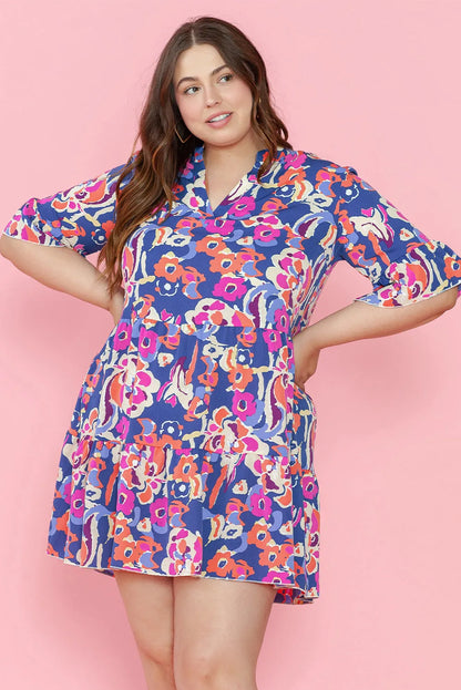 Blue Plus Size Floral Print Ruffled 3/4 Sleeve Mini Dress - Chic Meadow Boutique 