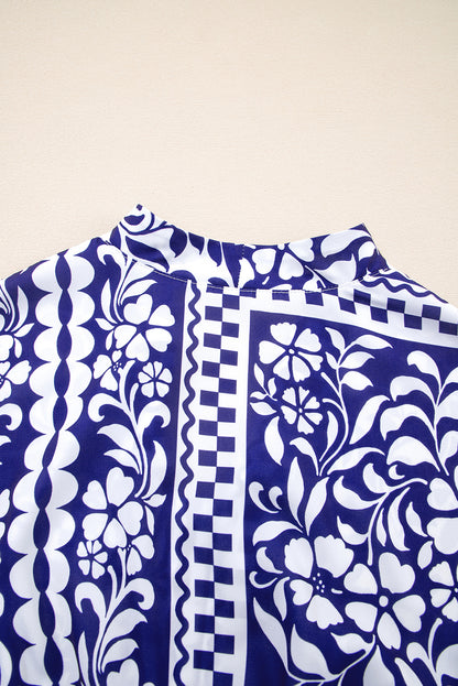 Dirty blue Shirred Waist V Neck Sleeveless Floral Print Midi Dress