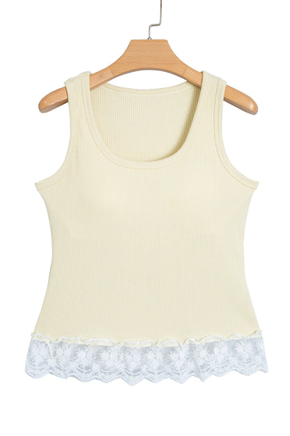 Beige Ribbed Knit Sweet Lace Hem Vest
