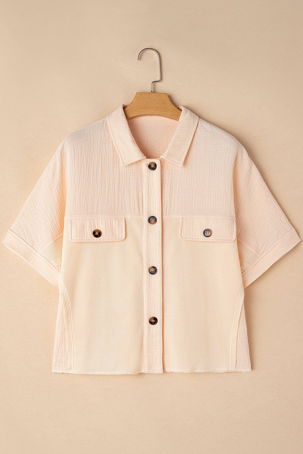 Beige Waffle Splicing Short Batwing Sleeve Flap Detail Shirt