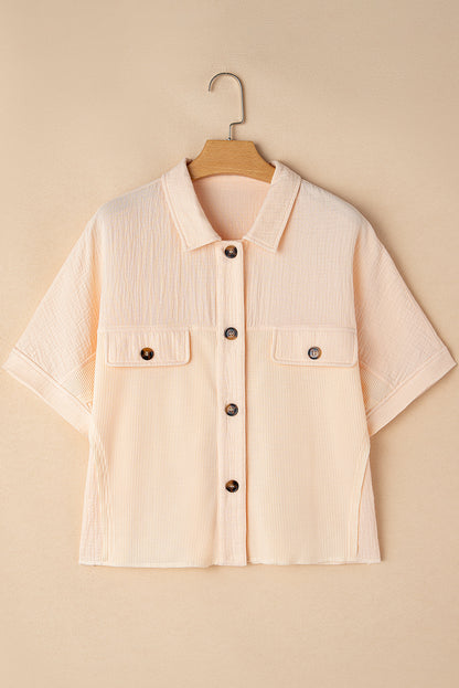 Beige Waffle Splicing Short Batwing Sleeve Flap Detail Shirt